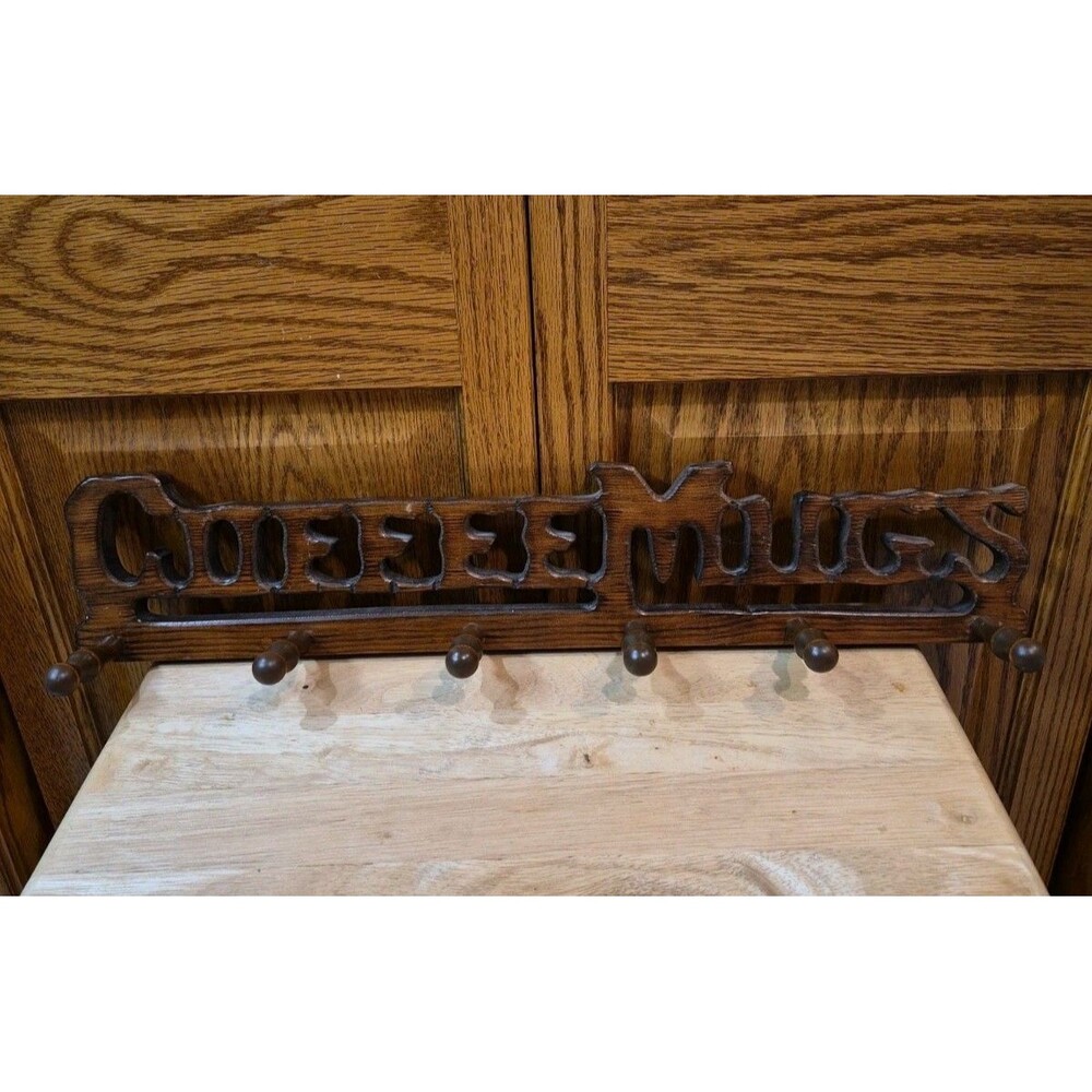 Vintage Wood Coffee Mugs 4 Peg Wall Rack Mug Cup Holder Kitchen Decor 23"×4" - Picture 3 of 13